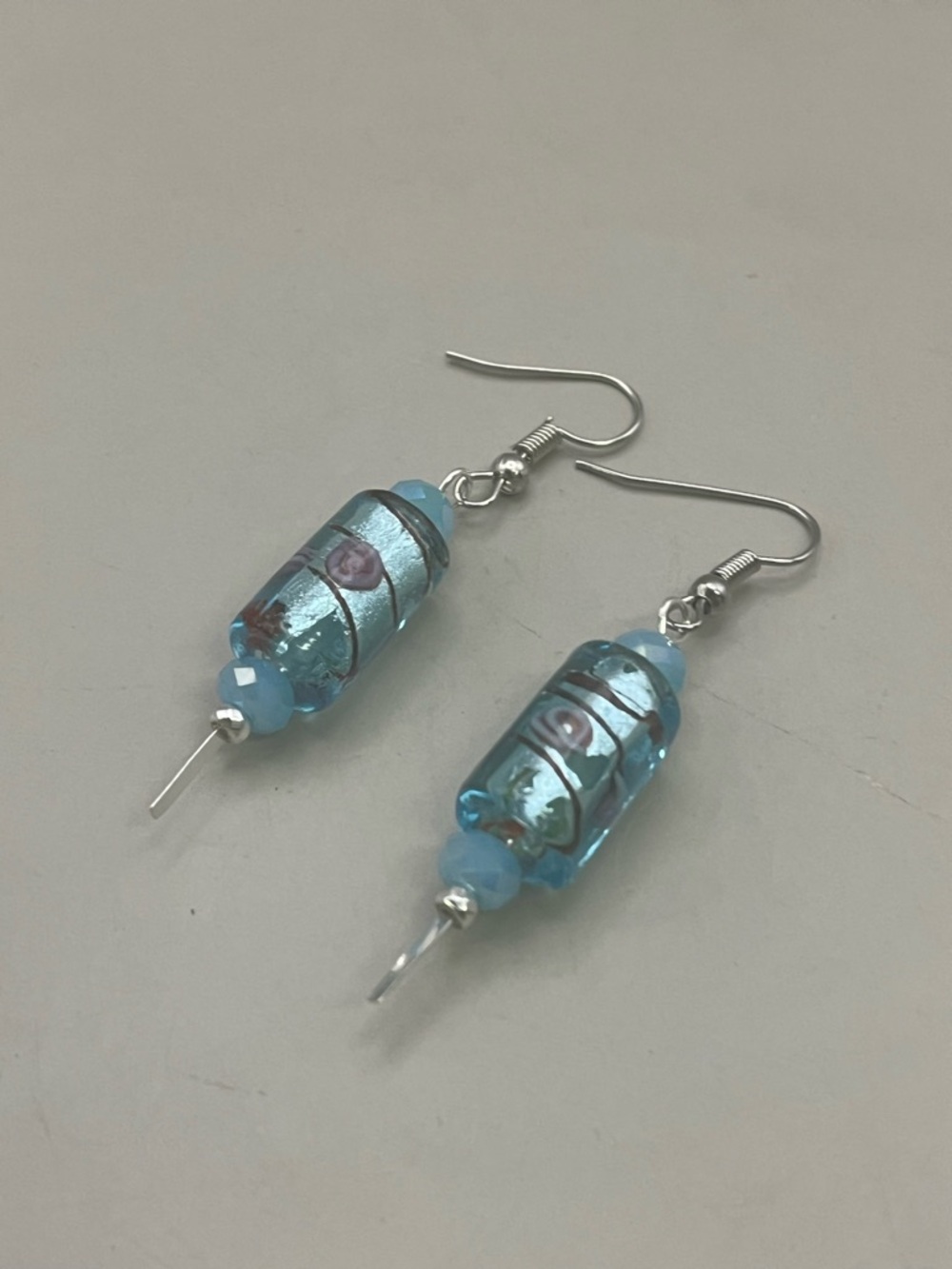 Handmade Blue Lampwork Glass Dangle Earrings Silver Tone Artisan Boho